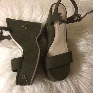 MIA Green Floral Stitched Wedges